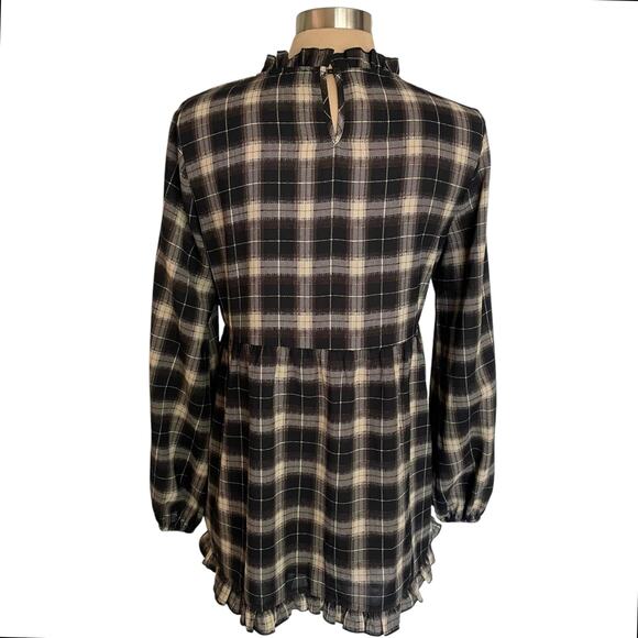 Suzanne Betro Black Tan Plaid Top MED Smocked Bodice Ruffled Peplum Peasant Boho - Picture 4 of 10